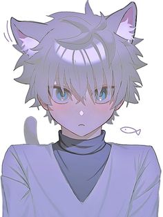 an anime character with blue eyes and cat ears, wearing a purple shirt in front of him