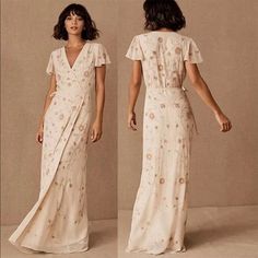 two pictures of a woman wearing a white dress with flowers on the front and back