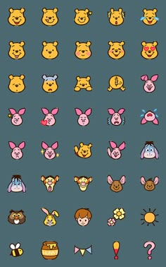 winnie the pooh stickers are shown in various colors and shapes, including one with ears