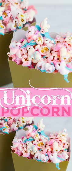 three boxes filled with popcorn sitting on top of a table next to the words unicorn popcorn