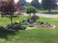 a small garden in the middle of a lawn