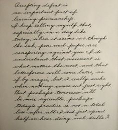 an old handwriting written in cursive writing on white paper with black ink and pen