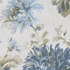 a blue and gold floral wallpaper with large flowers on the back drop in shades of gray