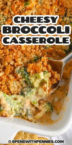 cheesy broccoli casserole in a white dish with a spoon