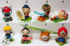 four different figurines are shown with numbers on them, including one boy and the other girl