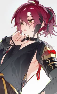 an anime character with red hair and piercings on her ears, wearing black clothing