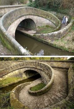 two pictures of people walking over a bridge