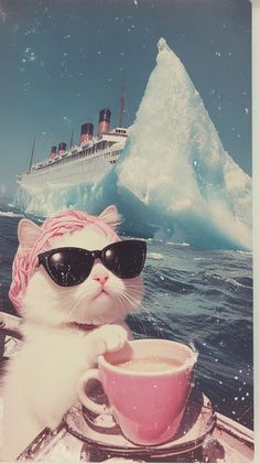 a white cat wearing sunglasses and a pink hat is sitting on a boat with a cup of coffee in front of an iceberg