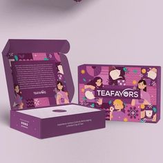 the packaging design for tea favors is shown in purple and pink colors, with an image of two women on it