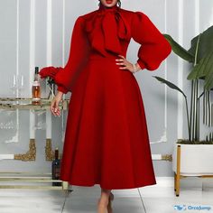 Orcajump - Stylish and Elegant Bow-tie Bubble Sleeve Maxi Dress Large Skirt, Church Attire, Bubble Sleeve, Sleeves Clothing, Sleeve Maxi Dress, Maxi Dress With Sleeves, Types Of Skirts, Types Of Collars, Elegant Dresses