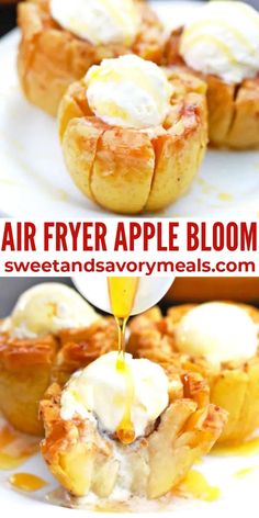 the process of making air fryer apple blossom pies is shown in this collage