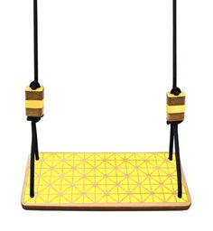 a yellow and black swing set with two bars on each one side, in front of a white background