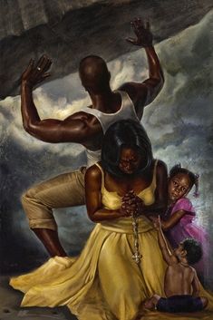 a painting of a man and woman with two children