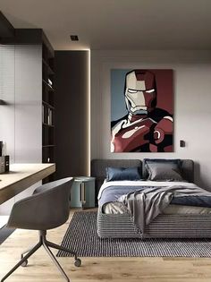 a bedroom with an iron man painting on the wall