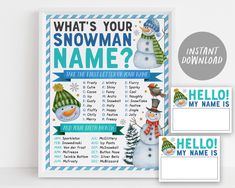 a snowman baby shower game is shown with its name on the front and back