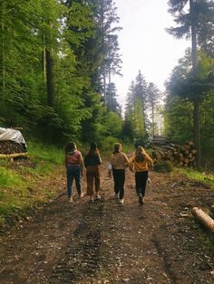 three people walking down a dirt road in the woods with trees and logs behind them