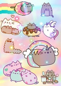 many different kinds of cats and unicorns on a holographic background with rainbow colors