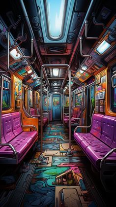 the interior of a subway car with purple seats and neon lights on each seat is brightly colored