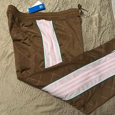 Nwt Track Pants Ladies Size 1x Brown/Pink/Green Designer Split Opening At Leg 1 Back Zipper Pocket Pink Adidas Pants For Loungewear, Fitted Pink Adidas Bottoms, Pink Stretch Adidas Bottoms, Casual Adidas Pink Pants, Adidas Casual Pink Pants, Casual Pink Adidas Pants, White Adidas Track Pants, Adidas Brown, Adidas Originals Logo