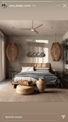 a bed room with a neatly made bed and two hanging lights above the headboard