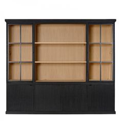 an open bookcase with glass doors on the front and side, against a white background