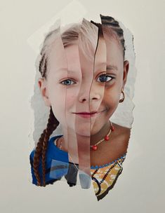 a girl with braids and blue eyes looking through torn pieces of paper that show her face