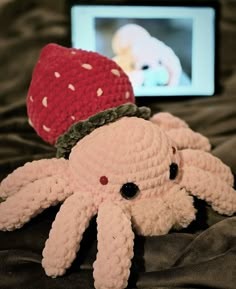 an octopus with a knitted hat on it's head and a laptop in the background