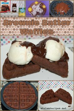 brownie batter waffles with ice cream on top and chocolate waffles in the middle