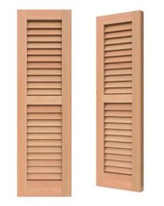 two wooden shutters are open on a white background, one is closed and the other is closed