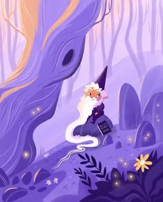 an illustration of a wizard sitting in the middle of a forest