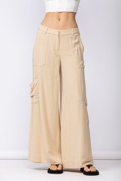 Wide-Leg Linen Cargo Pants Summer Wide-leg Parachute Pants With Pockets, Chic Wide Leg Cargo Pants With Flap Pockets, Wide Leg Bottoms With Flap Pockets For Spring, Beige Wide Leg Cargo Pants, Linen Wide Leg Parachute Pants With Side Pockets, Beige Linen Cargo Bottoms, Wide Leg Linen Parachute Pants With Side Pockets, Linen Straight Cargo Pants With Side Pockets, Spring Wide-leg Pants With Cargo Pockets