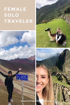 the collage shows pictures of people, animals and mountains with text overlay that reads female solo traveler