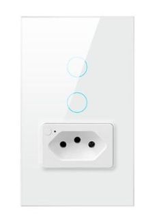 a white wall mounted light switch with two blue circles on it