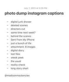 a white poster with the words photo dump instagram captions