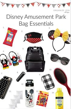 the disneyland amusement park bag essentials are on display in this image with text overlay