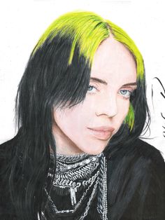 a drawing of a woman with green hair and necklaces on her neck, looking to the side