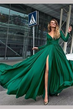 Green Satin Prom Dress, Dark Green Prom Dress, Green Prom, Long Sleeve Prom, Backless Prom Dresses, A Line Prom Dresses, Green Prom Dress, Emerald City, Satin Prom Dress