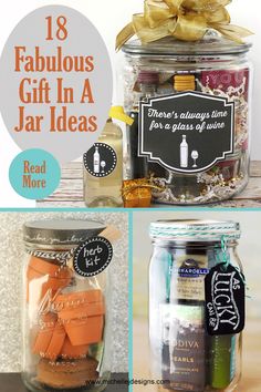 jars filled with different types of items and the words, fabulous gift in a jar ideas