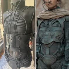 two pictures of the same costume and one is in different stages of making it appear to be being made