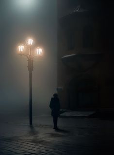 a person standing under a street light on a foggy night