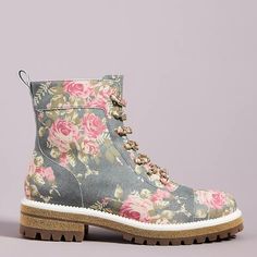 New In Box, Anthropologie, Cecilia New York Chance Hiker Boots In Rose Floral With Chain/Leather Laces. Leather With Rubber Soles. Great Reviews! Sold Out! Reuse Clothes, Altered Clothing, Hiker Boots, Anthropologie Shoes, Style Box, Floral Color, Leather Chain, Leather And Lace, Cute Shoes