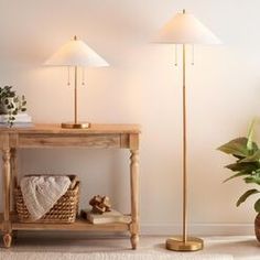 a living room scene with focus on the floor lamp and two planters next to it