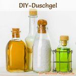 three bottles with different types of liquids in them on a shelf next to the words diy - duschgel