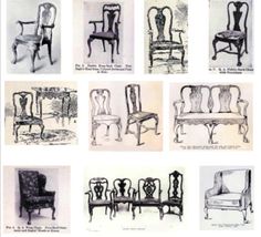 various chairs and tables are shown in black and white ink on an old book page