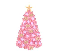 a pink christmas tree with gold stars on it's top and purple snowflakes