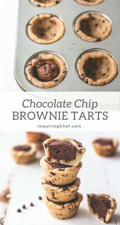 chocolate chip brownie tarts stacked on top of each other in a muffin tin