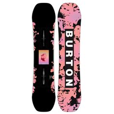 the burton snowboard is pink and black with white writing on it's side