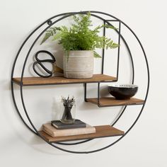 a circular metal shelf with two shelves and a potted plant