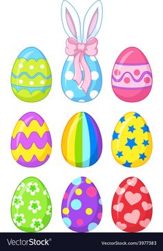 six colorful easter eggs with bows and hearts