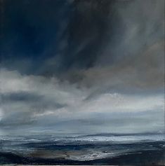 an abstract painting of dark clouds over the ocean